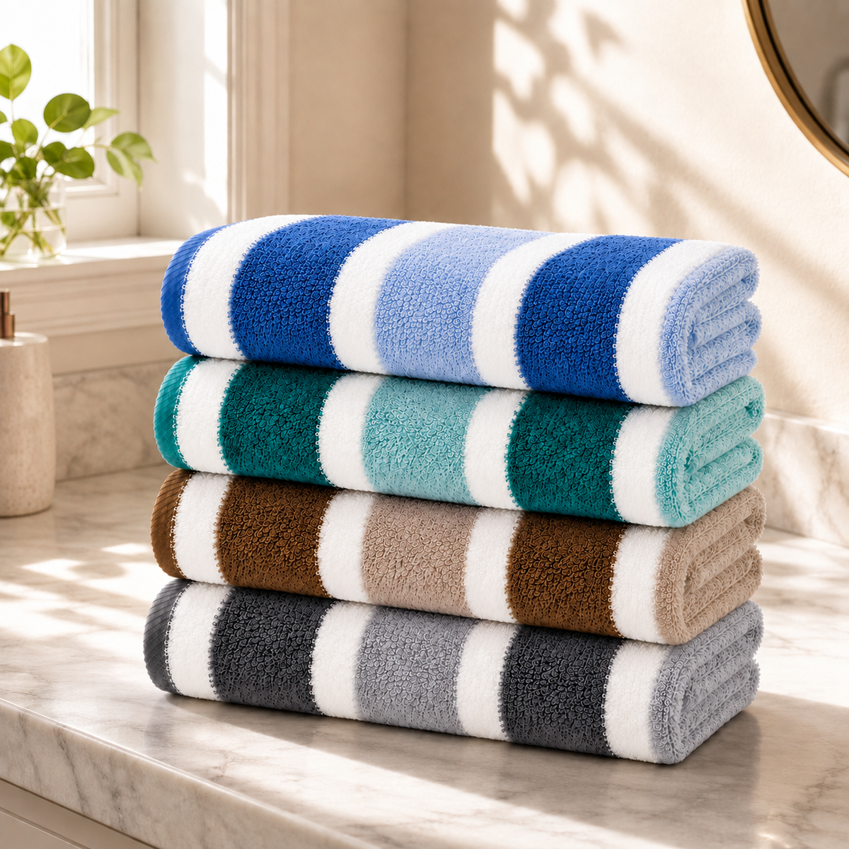 Blue, green, brown and gray striped towels — four-towel combination