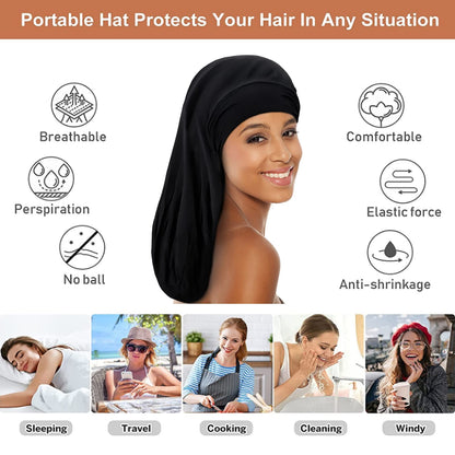Kenllas Long Satin Sleep Cap for Women - Black