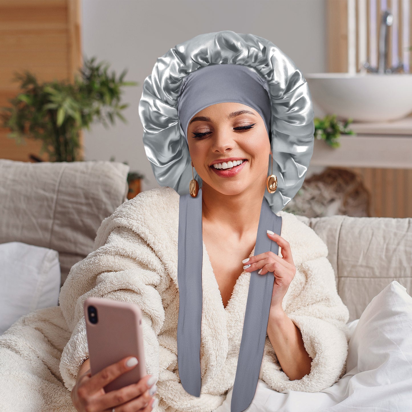 Kenllas Satin Silk Bonnet for Women - Large Sleep Cap with Tie Band for Curly Dreadlock Braid Hair Care